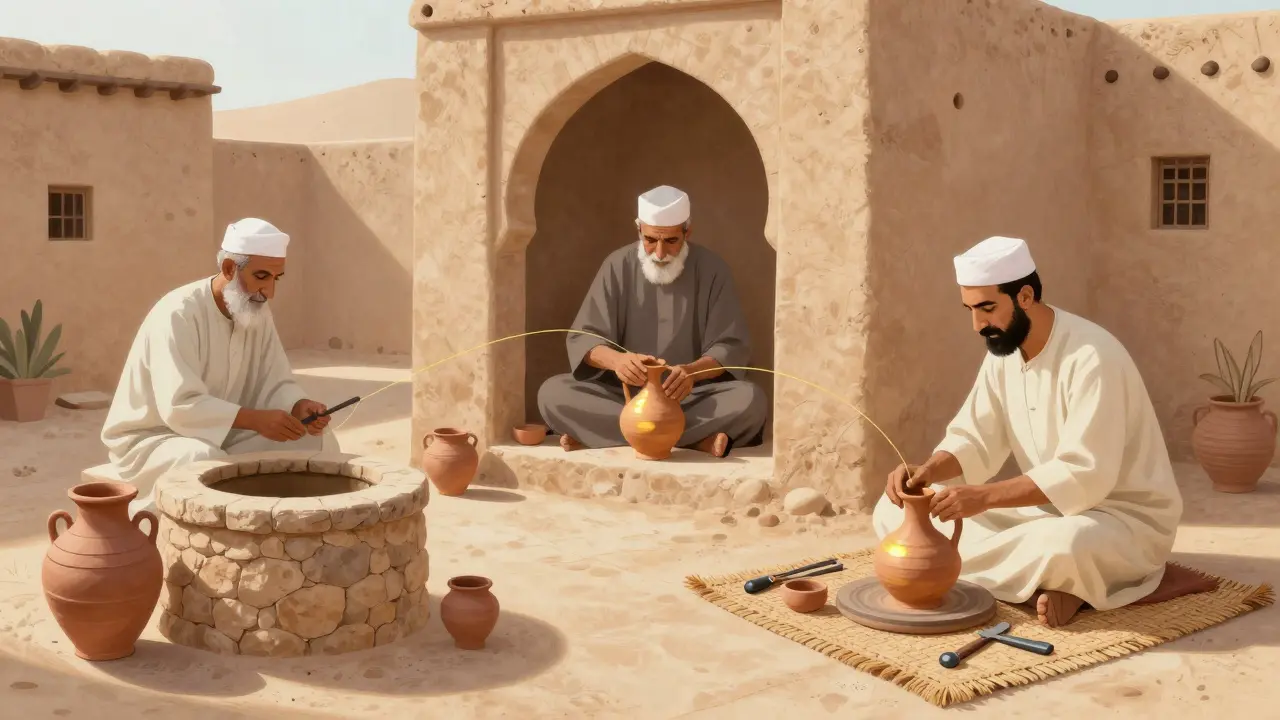 Trois maîtres céramistes de Gouraya dans leurs espaces respectifs, reliés par un fil invisible de savoir ancestral.