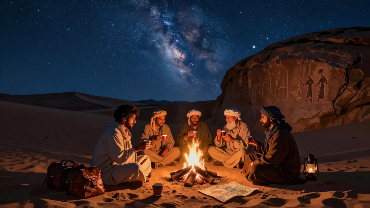 Un groupe autour d'un feu de camp sous un ciel étoilé dans le désert algérien, partageant du thé.