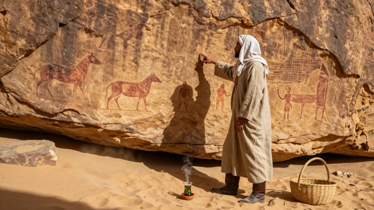 Un guide berbère montrant des peintures rupestres anciennes sous un cliff du Tassili n’Ajjer, avec une théière de menthe à ses pieds.