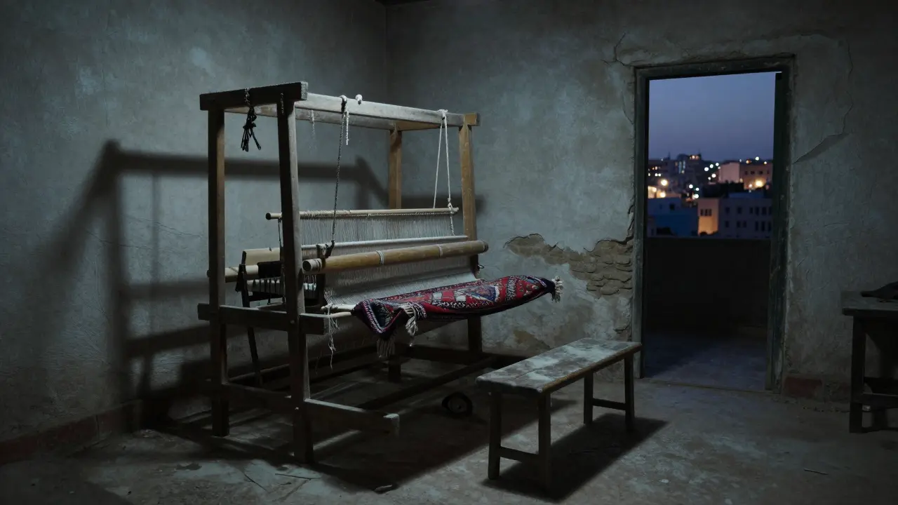 Un métier à tisser abandonné dans un atelier vide, à la tombée de la nuit, avec un tapis inachevé.