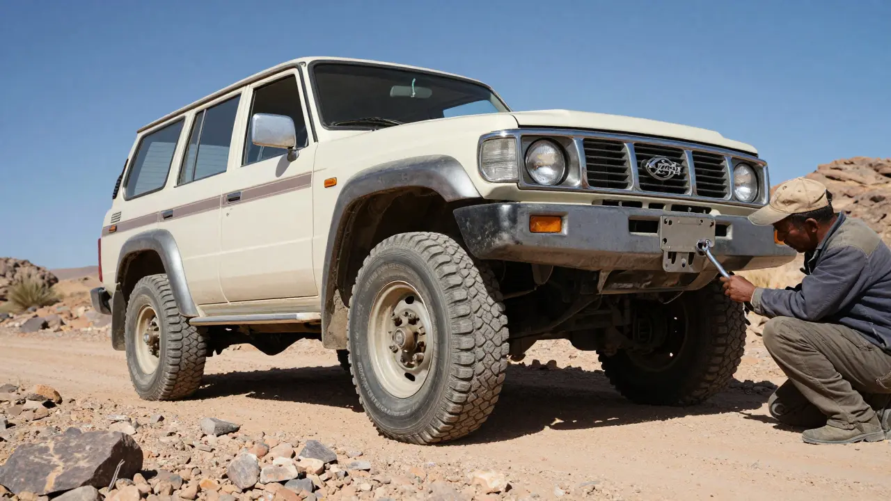 Un Nissan Patrol des années 90 sur un sentier rocailleux, un mécanicien vérifie sa suspension mécanique.