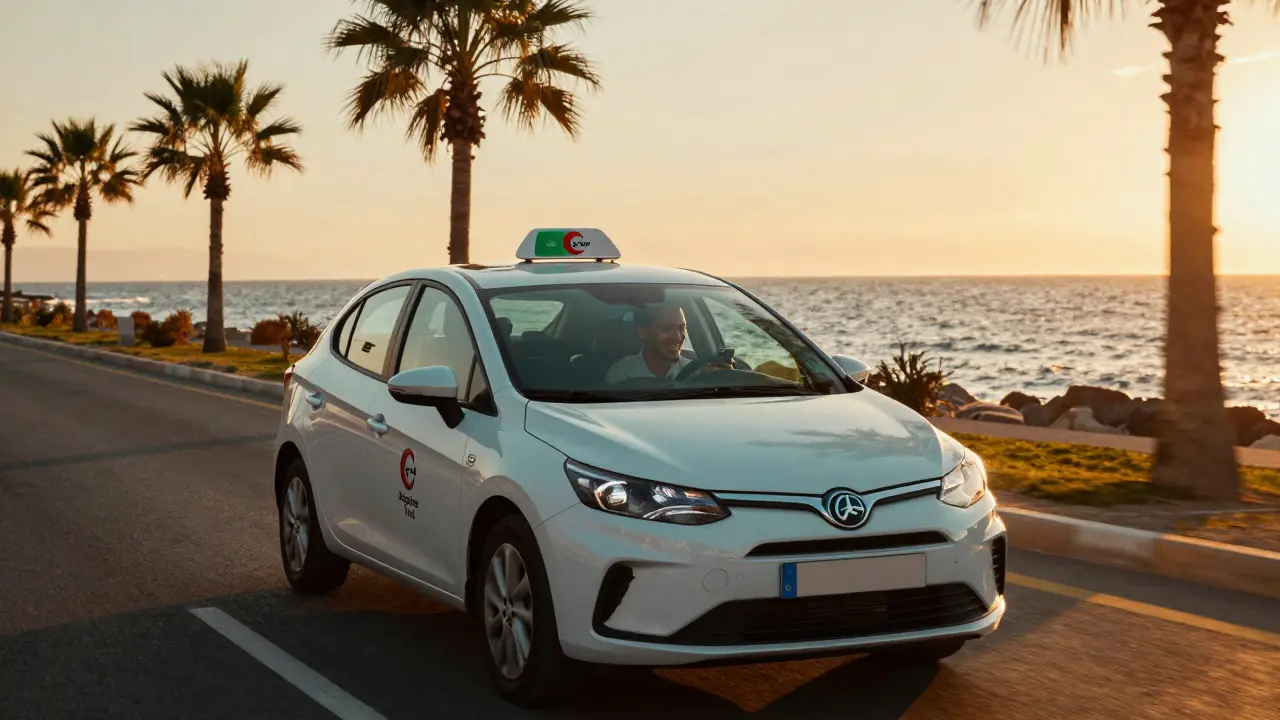 Un taxi agréé Algérie Taxi roule sur la route côtière de Sidi Fredj au coucher du soleil.