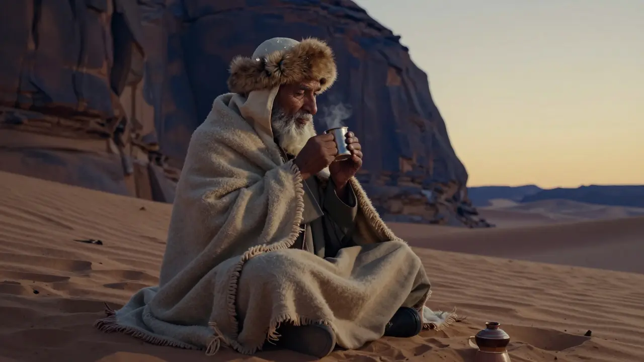 Un Touareg assis devant une falaise au lever du jour, enveloppé dans une couverture en laine, buvant du thé.