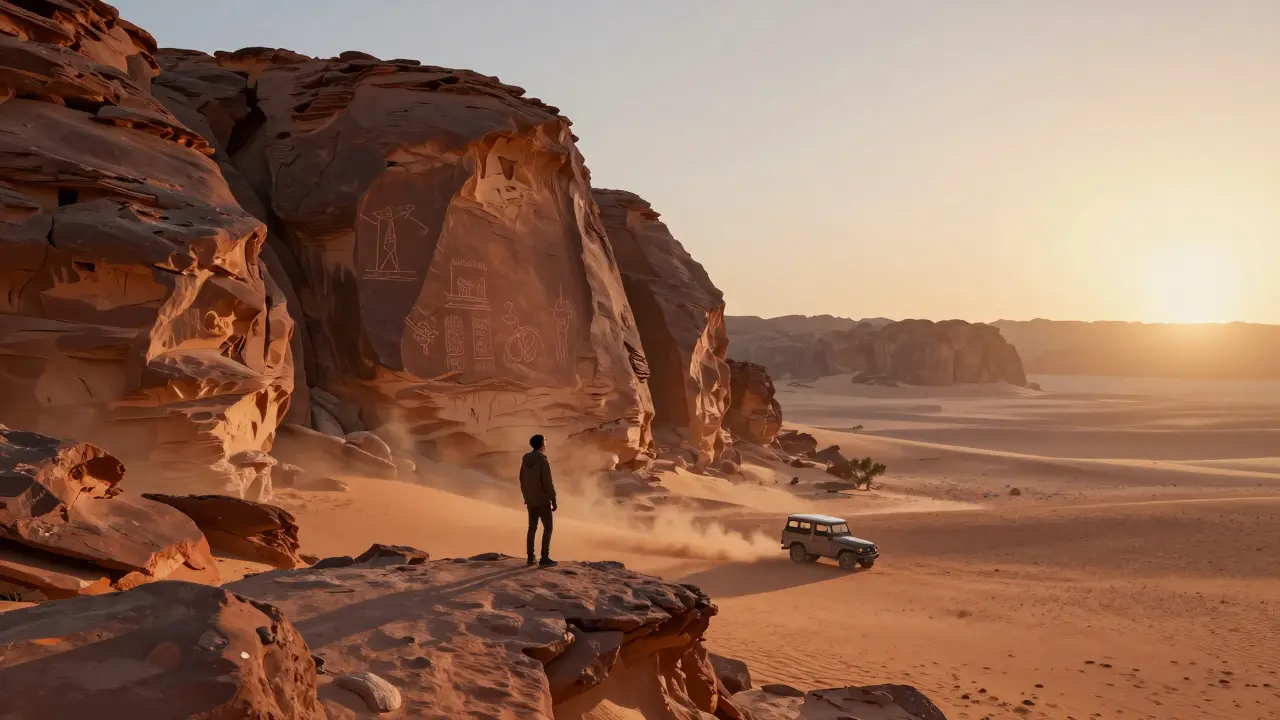Un voyageur sur une crête du Tassili n’Ajjer au lever du soleil, avec des peintures rupestres et un 4x4 en contrebas.