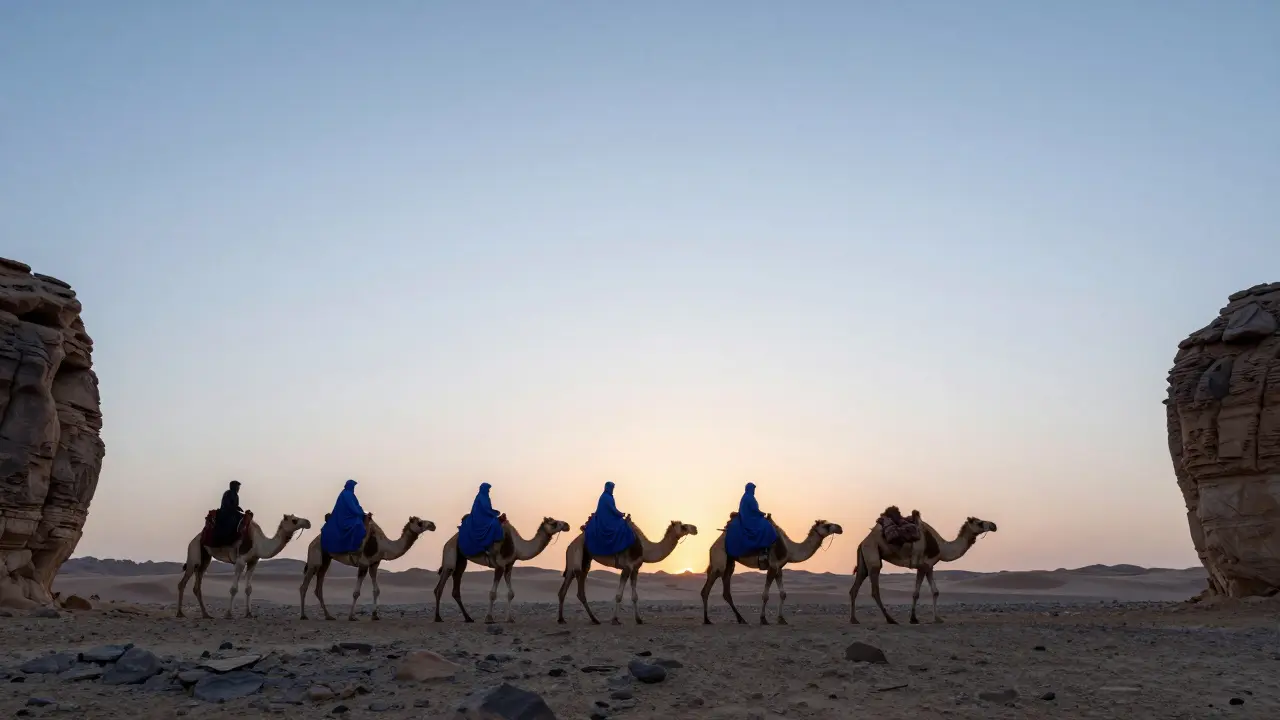 Une caravane de chameaux traverse un plateau pierreux au lever du soleil, des cavaliers enveloppés de tuniques bleues, dans le désert algérien.