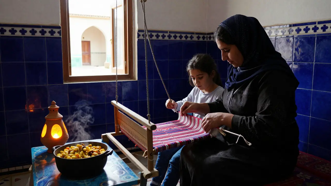 Une femme enseigne le tissage berbère à une jeune fille dans une cour intérieure traditionnelle algérienne.