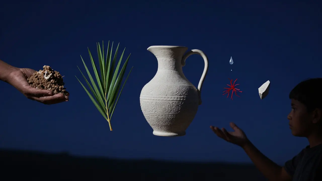 Une jarre de Gouraya flottant dans l'air, entourée des éléments de sa fabrication et d'une main qui tente de la rejoindre.