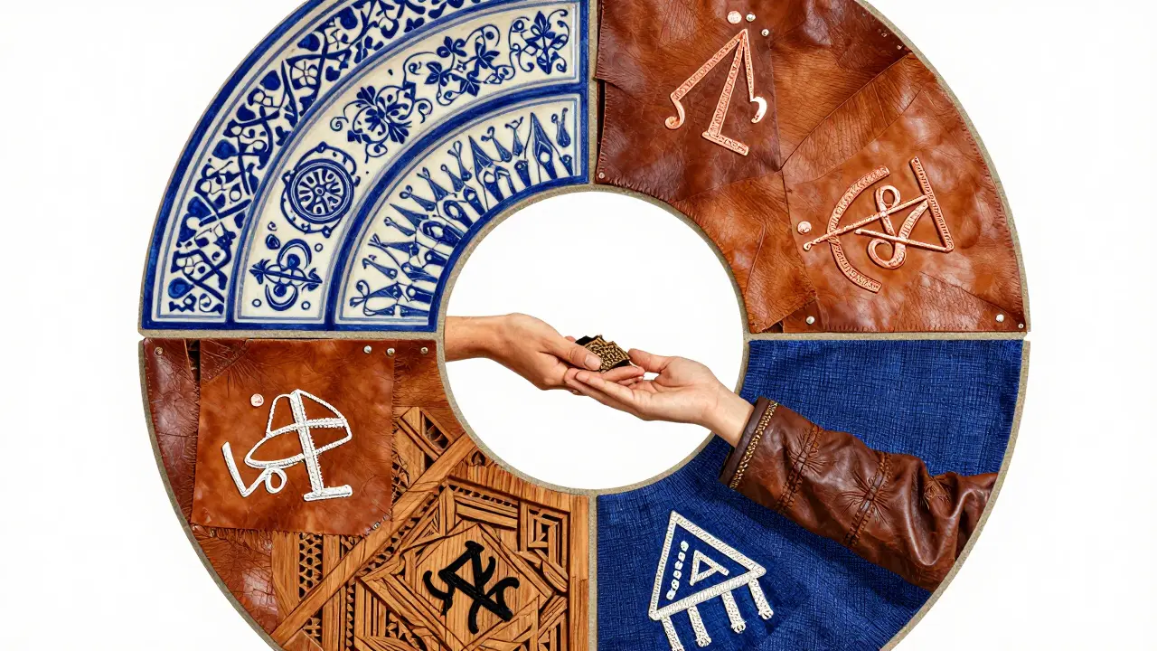 Une mosaïque symbolique représentant les quatre métiers artisanaux algériens et leur transmission intergénérationnelle.