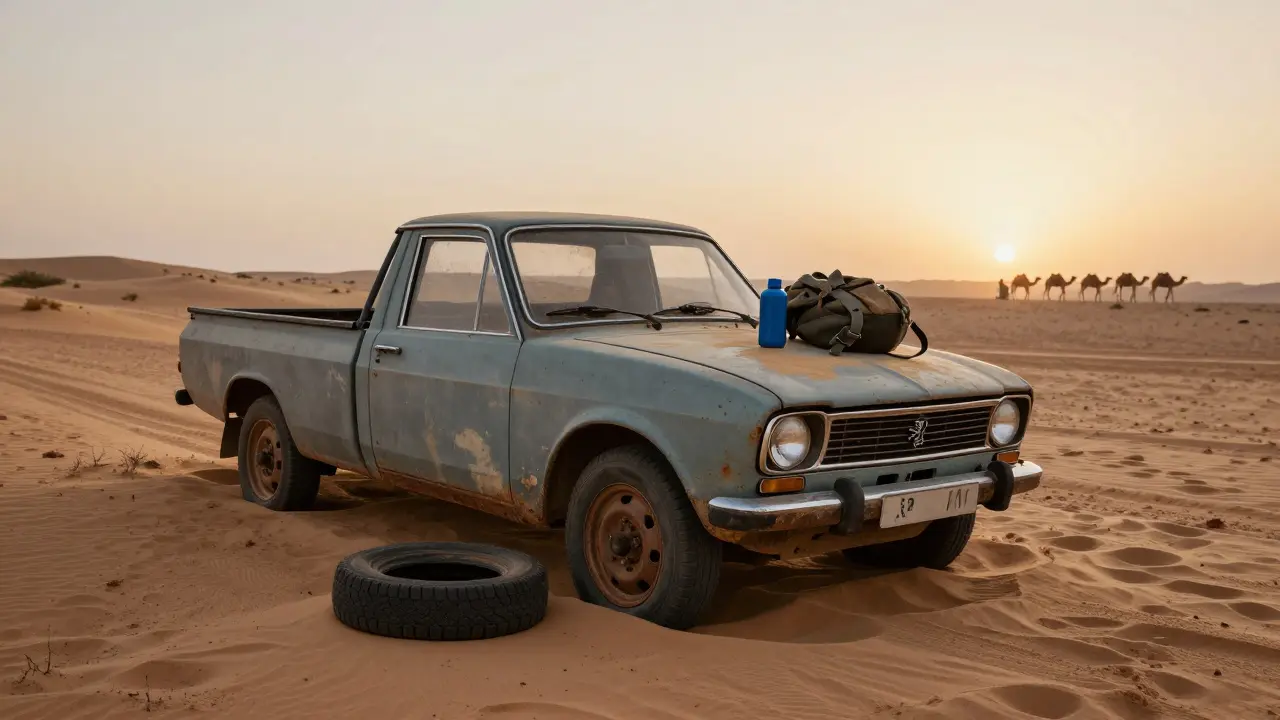 Une Peugeot 504 Pickup abandonnée près d'une piste désertique, avec un pneu crevé et des affaires sur le capot.