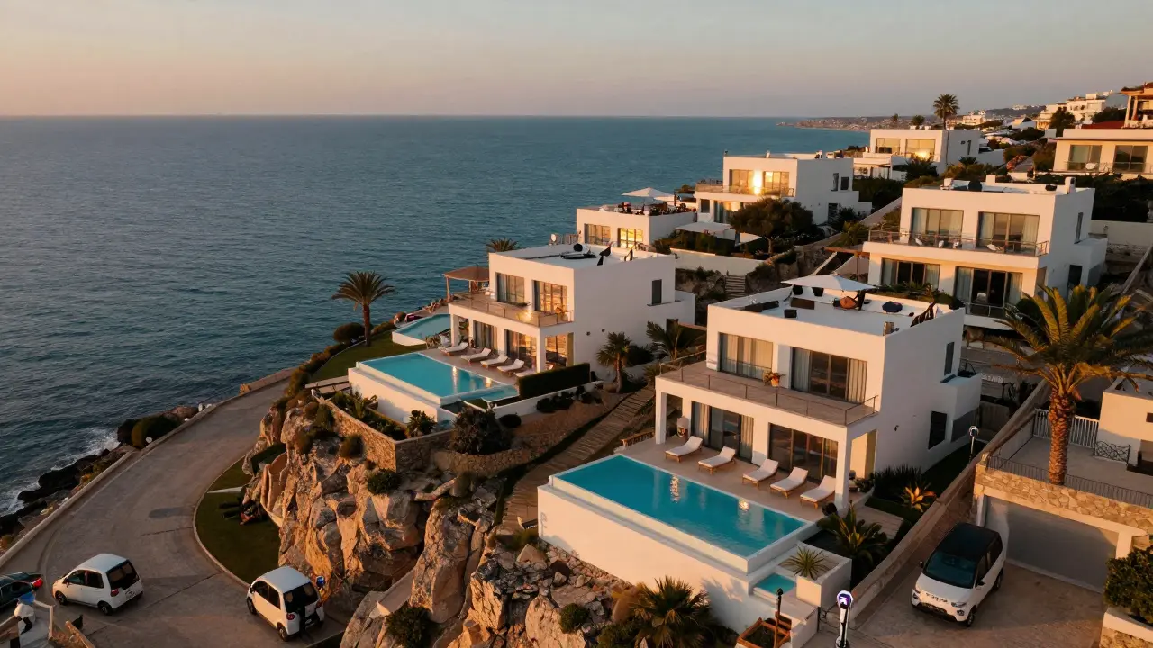 Villas côtières de Sidi El Hani avec vue sur l'océan Atlantique et piscines à débordement.