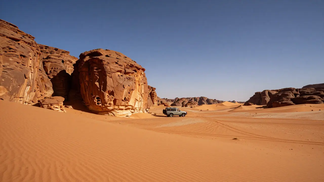 Voiture 4x4 voyageant à travers les dunes de sable du sud algérien.