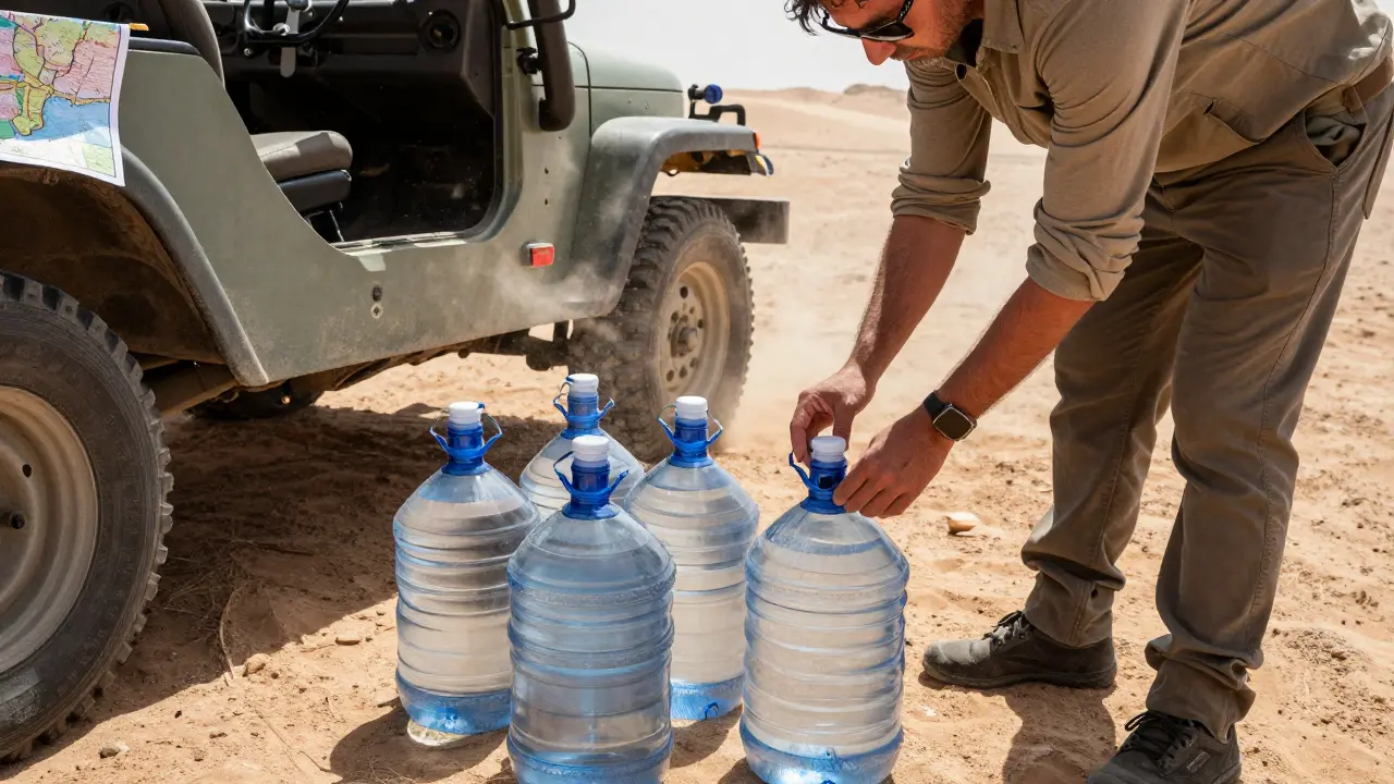 Voyageur préparant ses réserves d'eau et son équipement désertique