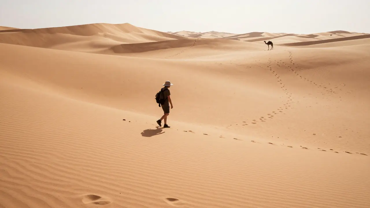 Voyageur seul marchant sur les dunes du Sahara, sous un soleil éclatant, avec des empreintes dans le sable.