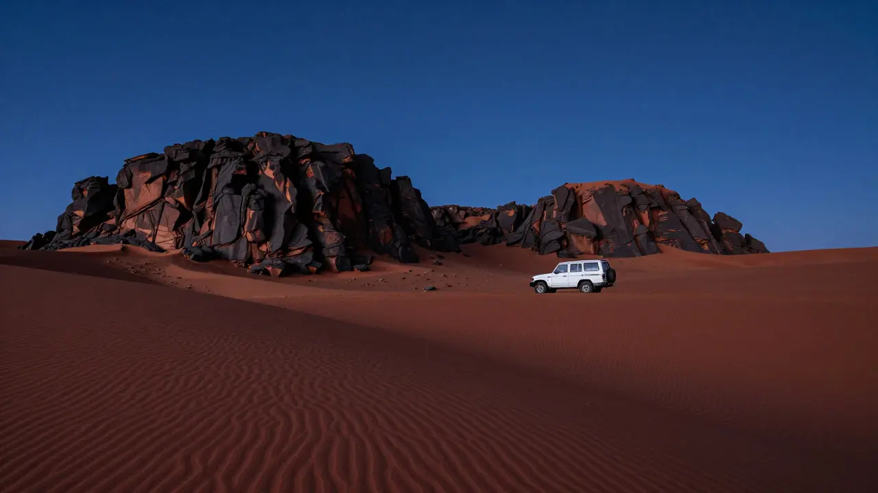 4x4 devant les montagnes volcaniques et les dunes rouges du Hoggar à Tamanrasset.