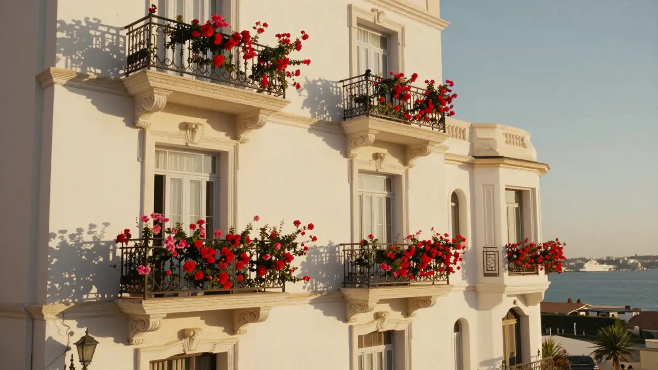Architecture coloniale élégante avec balcons fleuris à El Biar, Alger.