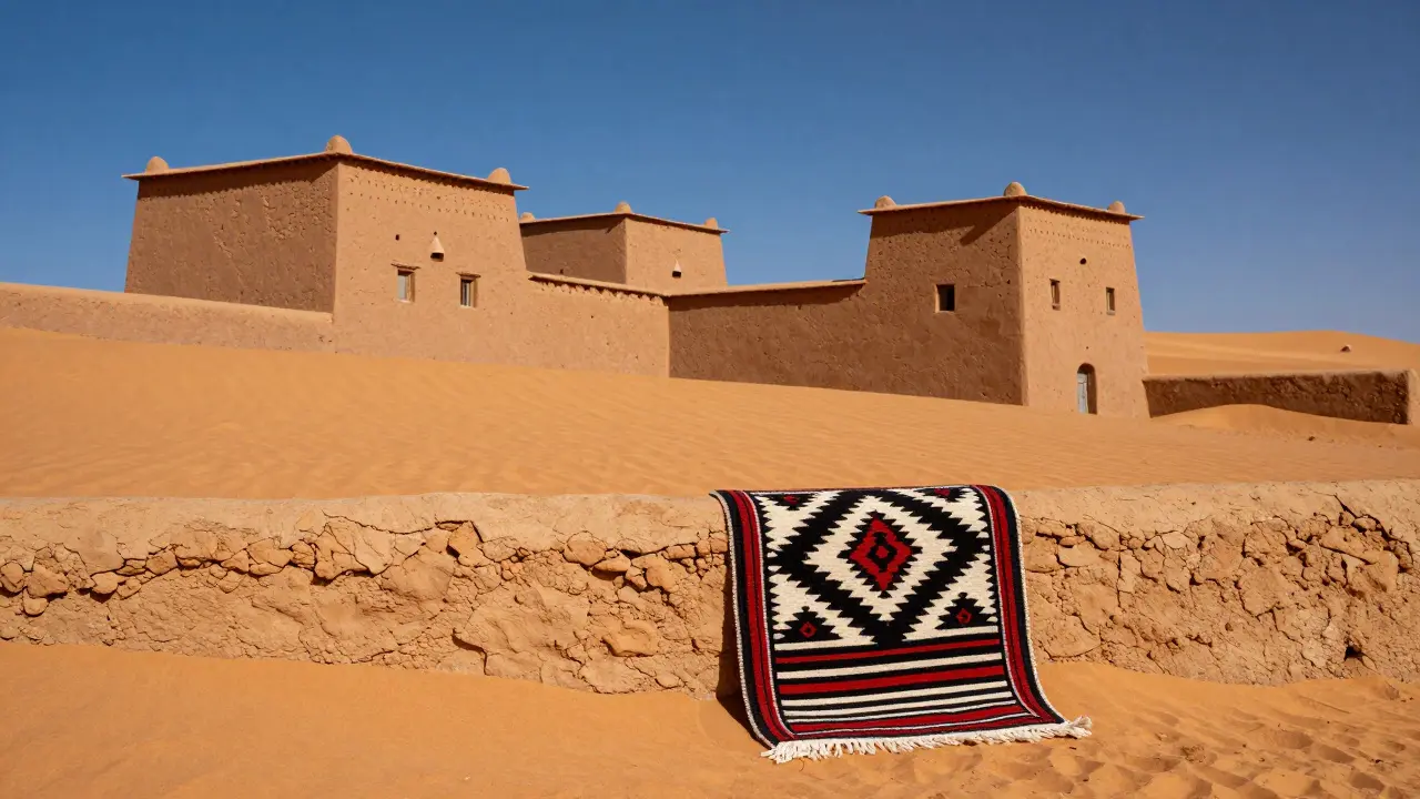 Architecture traditionnelle en terre de Ghardaïa avec un tapis en laine m'zabite.
