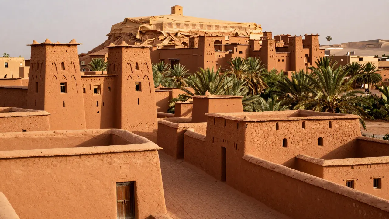 Architecture traditionnelle en terre et palmeraies de la vallée du M'Zab à Ghardaïa.