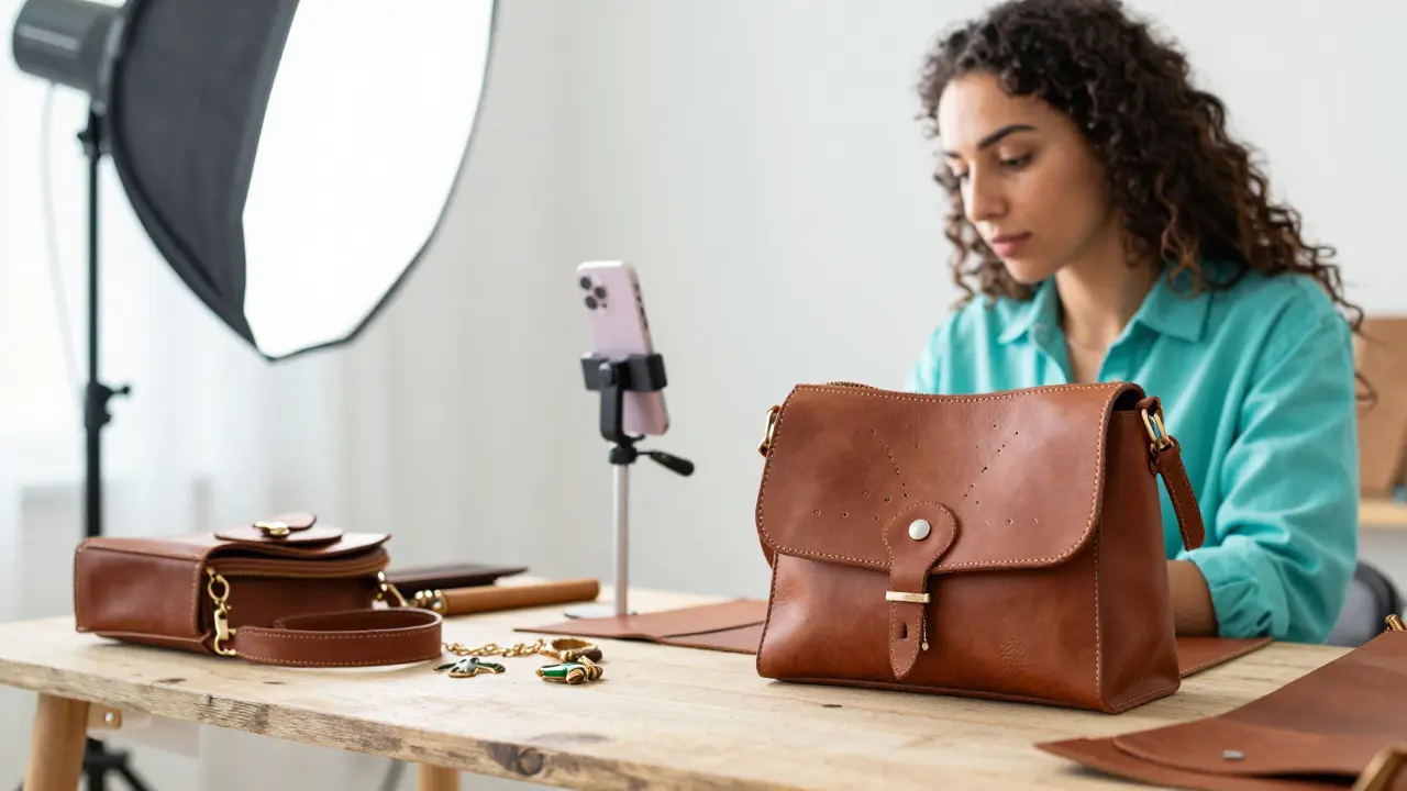 Atelier d'une artisane algérienne alliant création manuelle et photographie pour la vente en ligne.