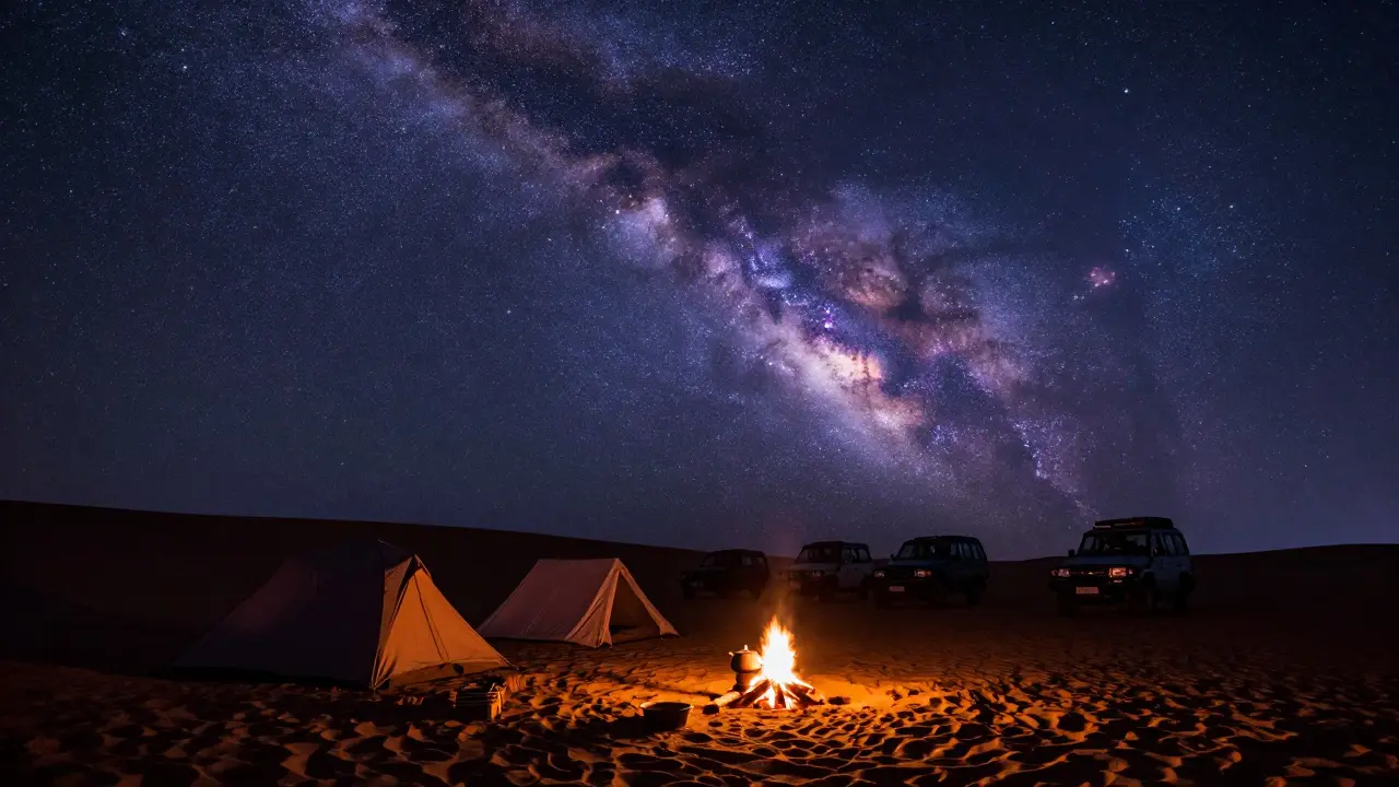Bivouac nocturne avec tentes et 4x4 sous une voie lactée étoilée.
