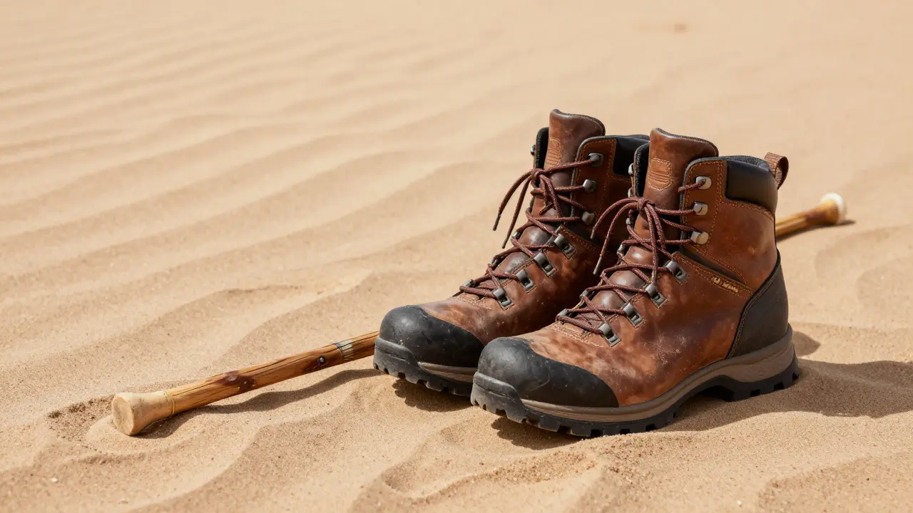 Bottes de randonnée montantes et bâton de marche sur du sable.