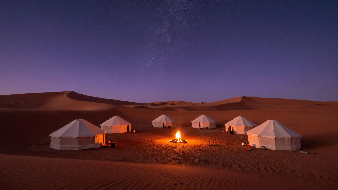 Campement de luxe avec tentes berbères sous un ciel étoilé dans le Sahara.