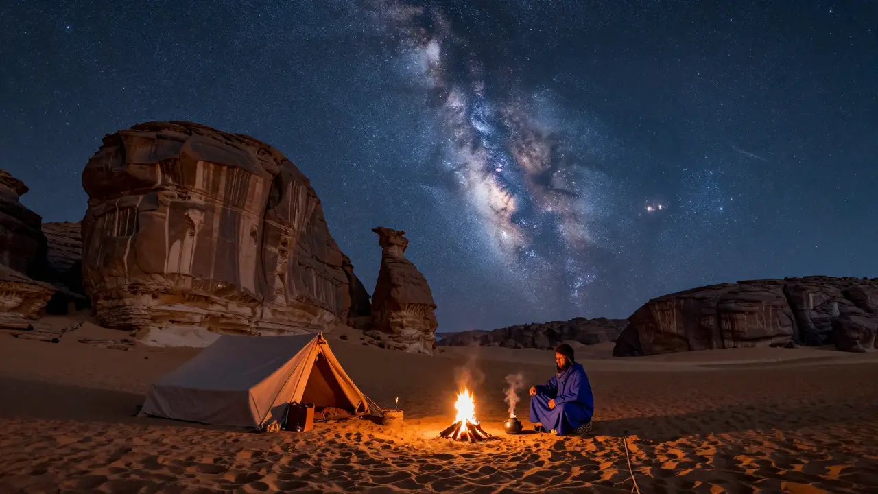 Campement Touareg sous la Voie Lactée dans le désert du Tassili n'Ajjer.