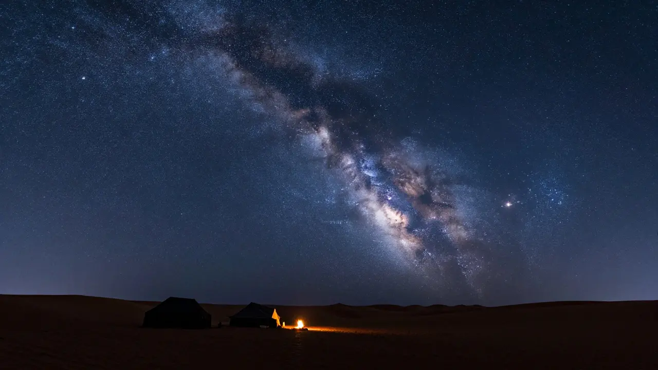Ciel nocturne spectaculaire avec la Voie Lactée au-dessus du désert du Sahara.