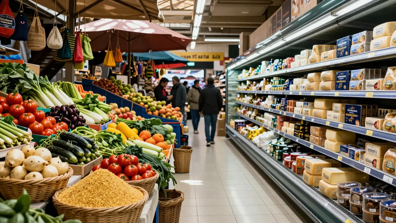 Comparaison entre un marché traditionnel et un supermarché moderne en Algérie.