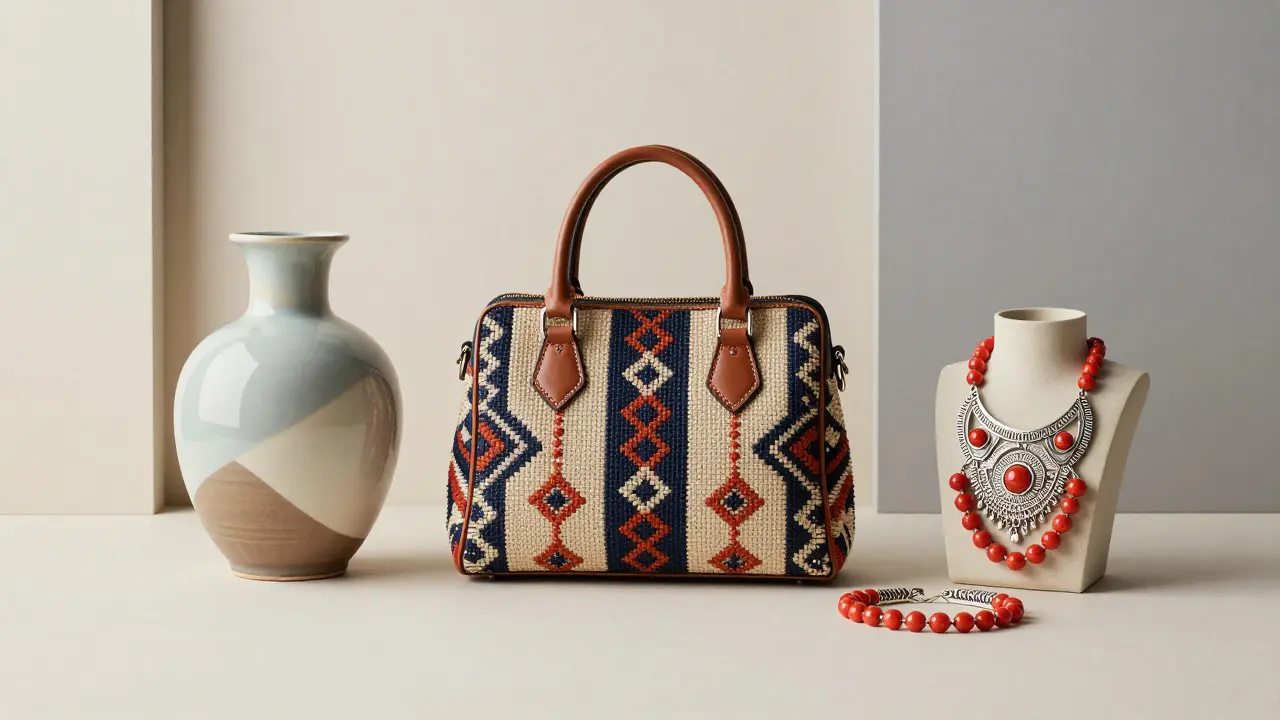 Composition luxueuse de céramique moderne, sac tissé traditionnel et bijoux en argent et corail.