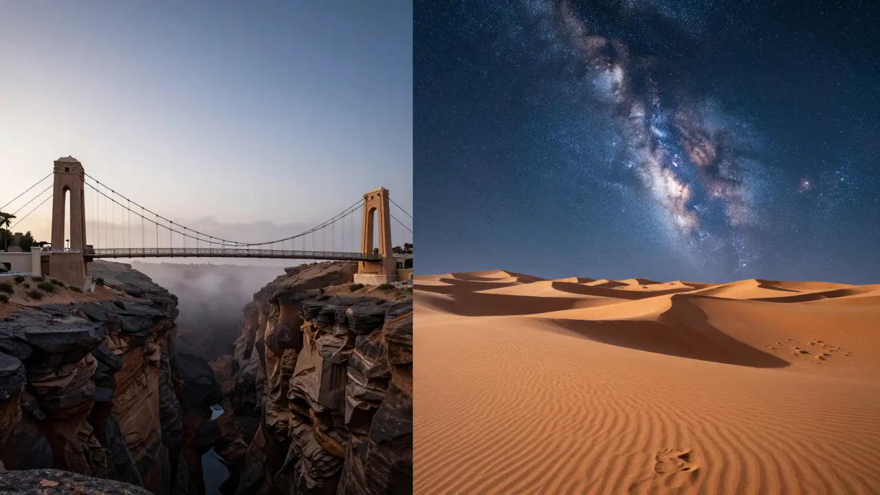 Contraste entre les ponts de Constantine et les dunes du Sahara.