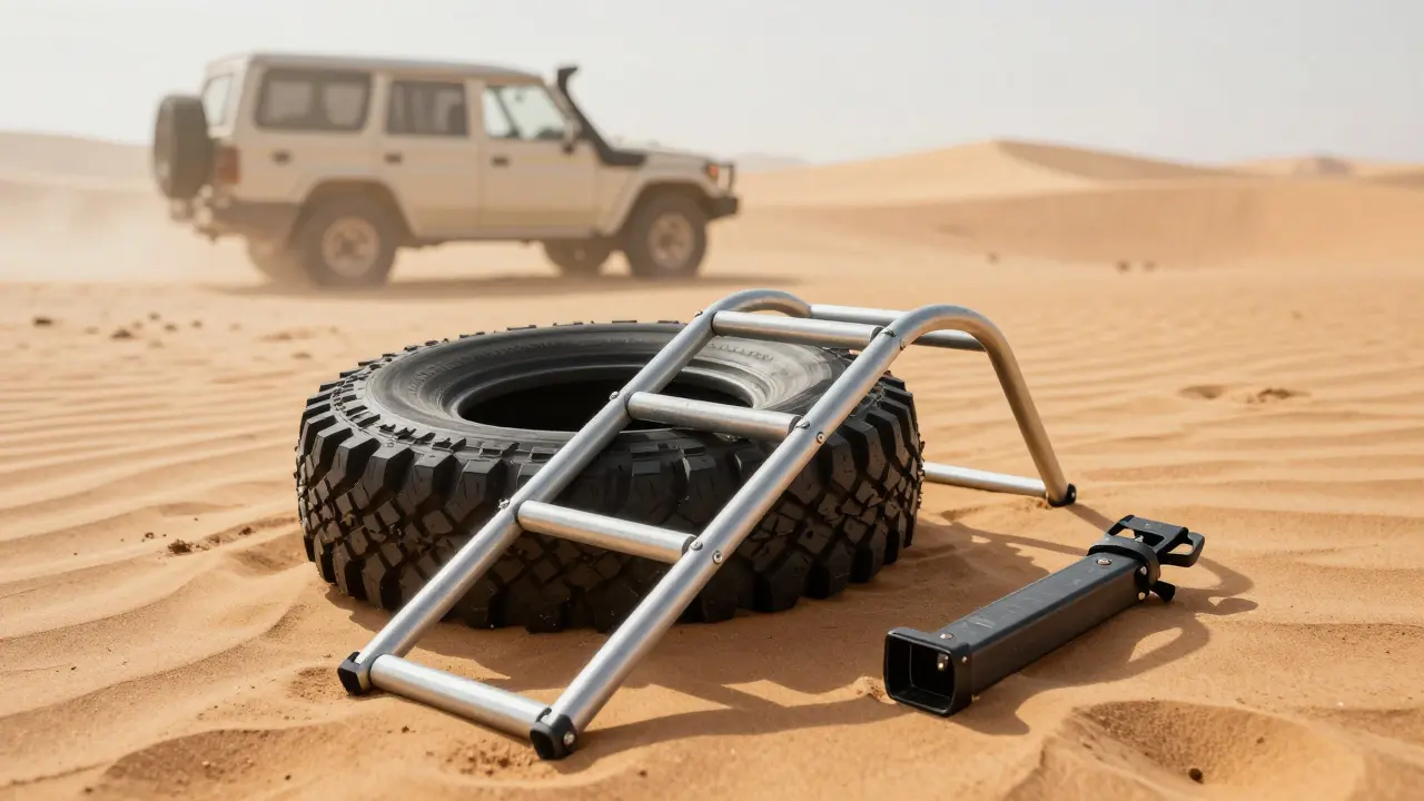 Équipement de désensablage et roue de secours sur le sable du désert.