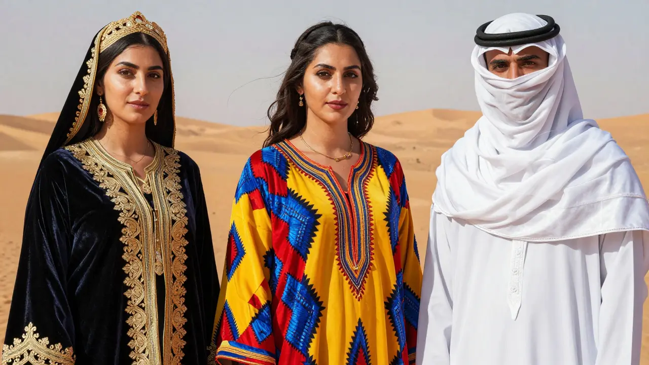 Femmes en Karakou et robe kabyle, et homme avec un chèche traditionnel.