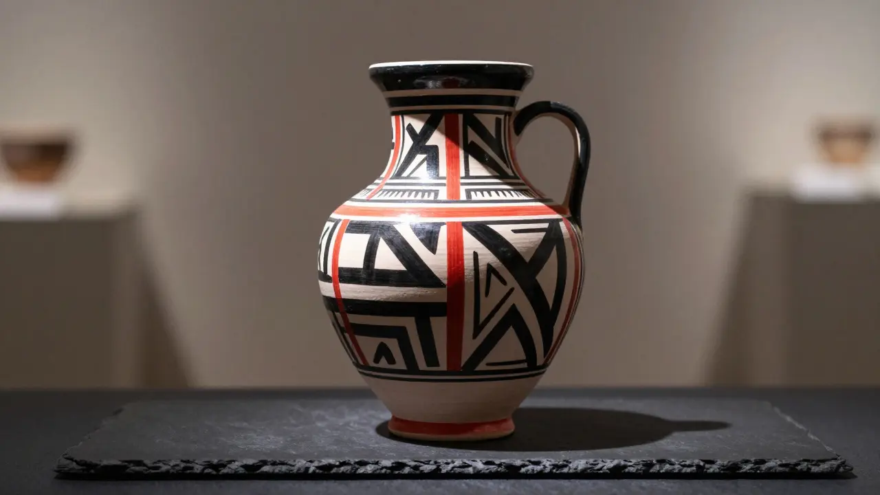 Gros plan artistique d'une poterie kabyle aux motifs géométriques rouges et noirs.