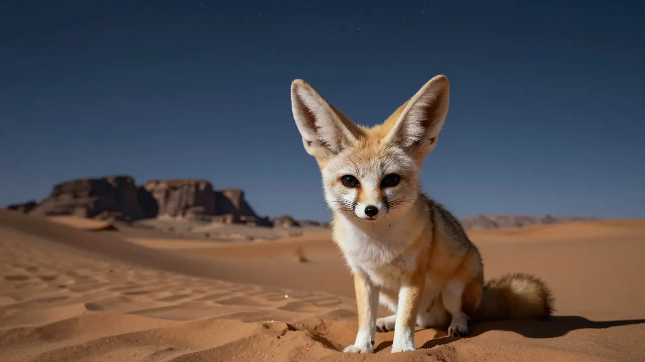 Gros plan d'un fennec aux grandes oreilles sur le sable sous un ciel étoilé.