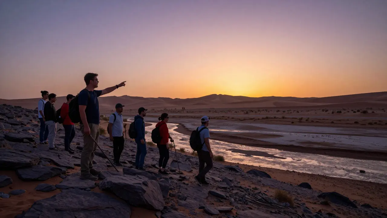 Guide local accompagnant des touristes dans le désert au crépuscule.