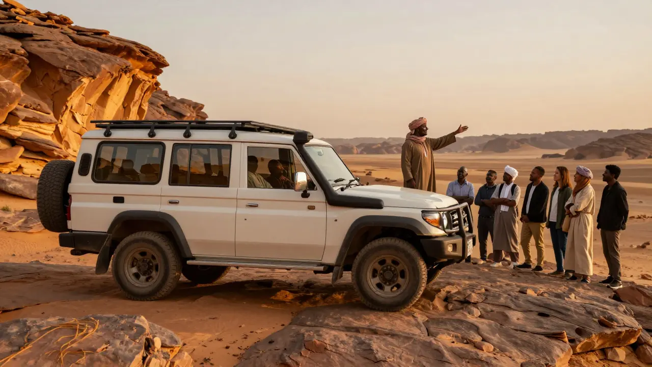 Guide saharien et voyageurs près d'un 4x4 dans le Tassili n'Ajjer.