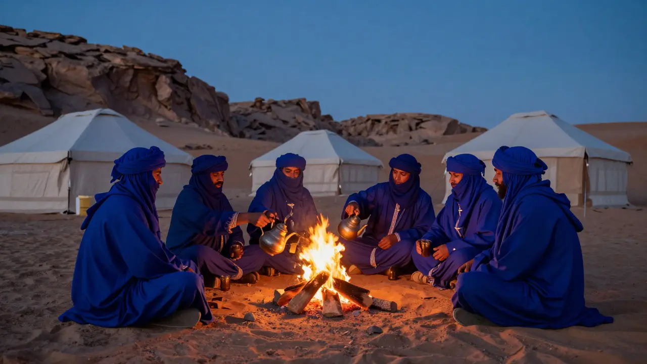 Hommes Touaregs en tenues bleues partageant du thé près de tentes traditionnelles.