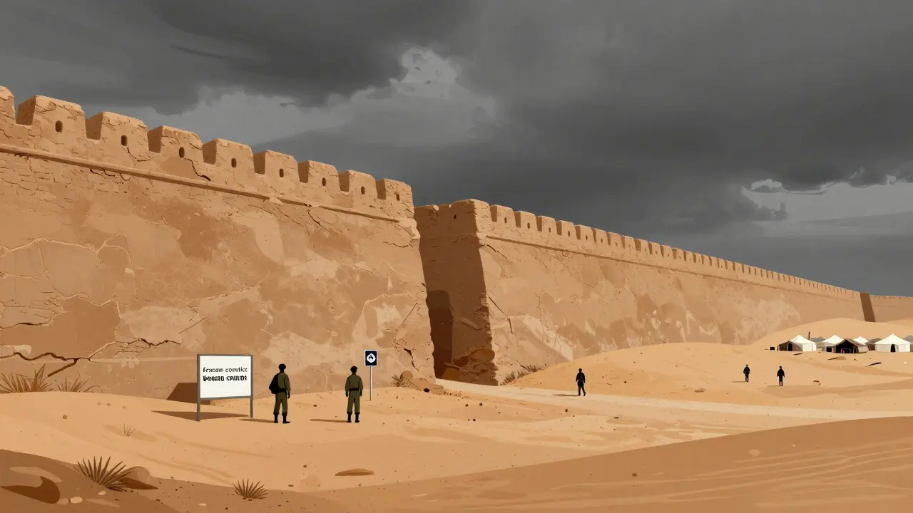 Illustration conceptuelle du mur de sable séparant deux zones désertiques opposées.