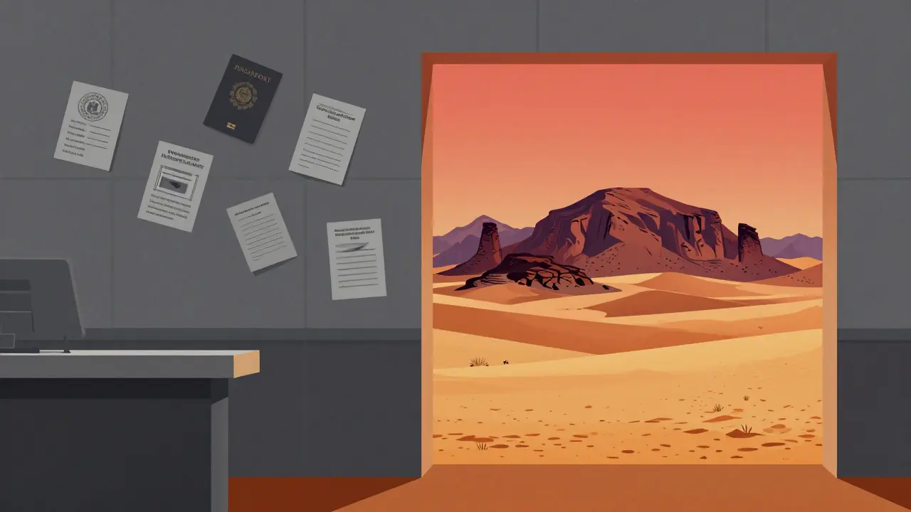 Illustration conceptuelle opposant la bureaucratie aux paysages du Sahara