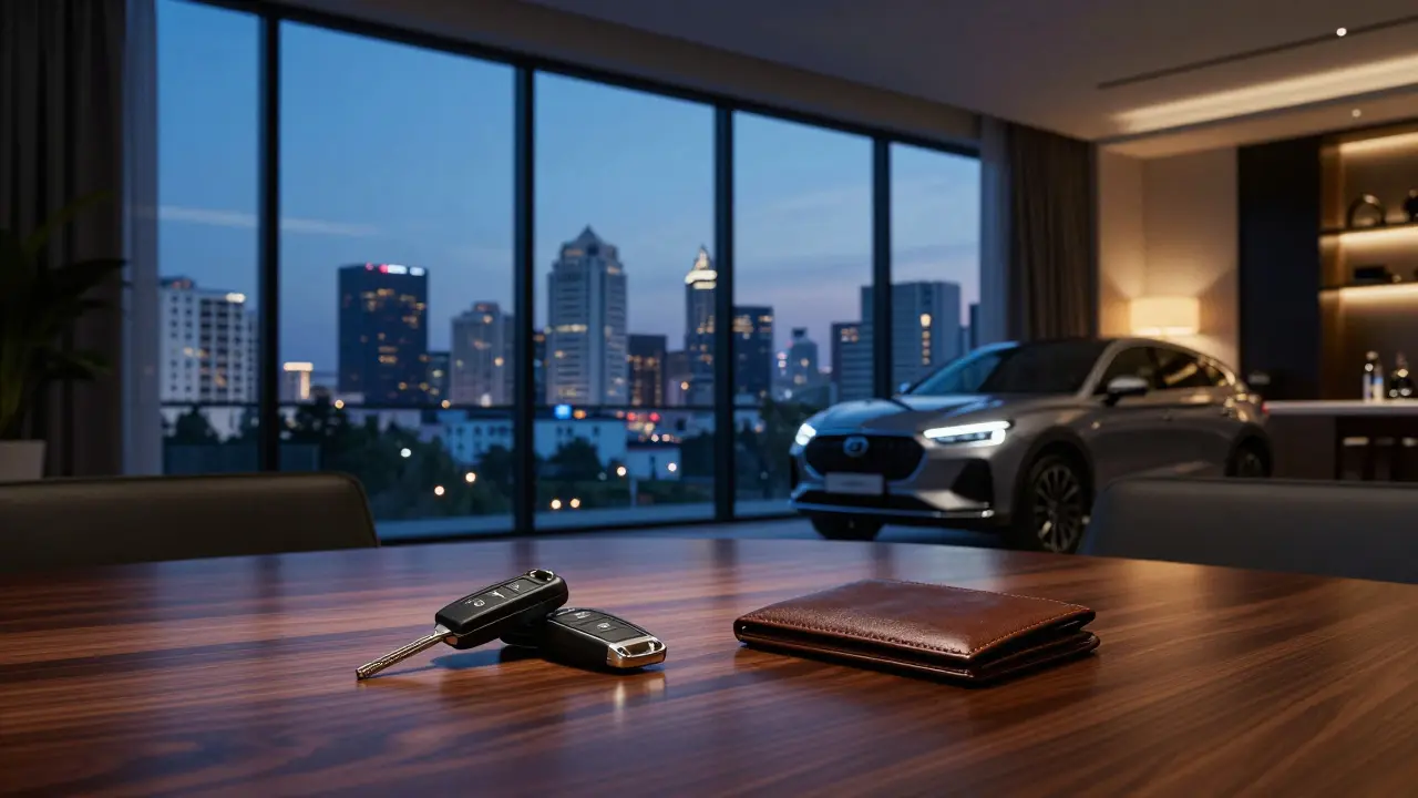 Intérieur d'un appartement luxueux à Hydra avec vue sur Alger au crépuscule.