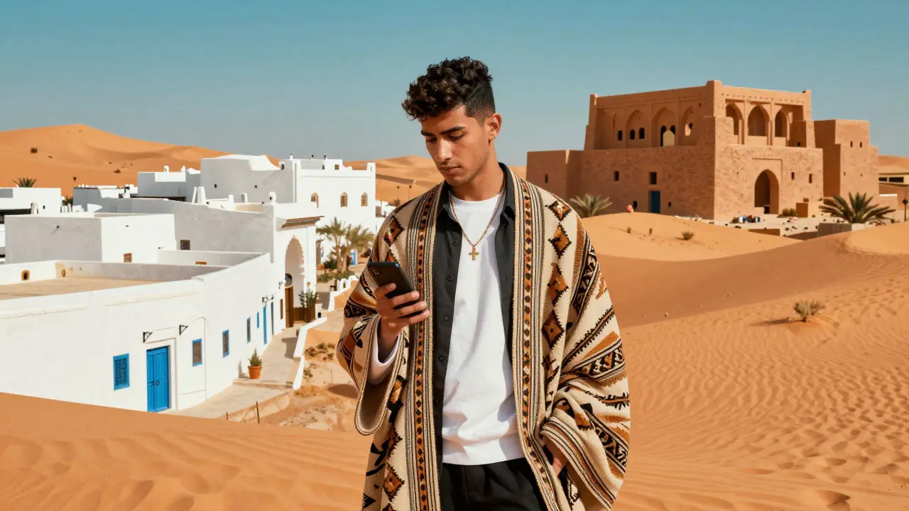 Jeune Algérien alliant mode moderne et vêtements traditionnels berbères.