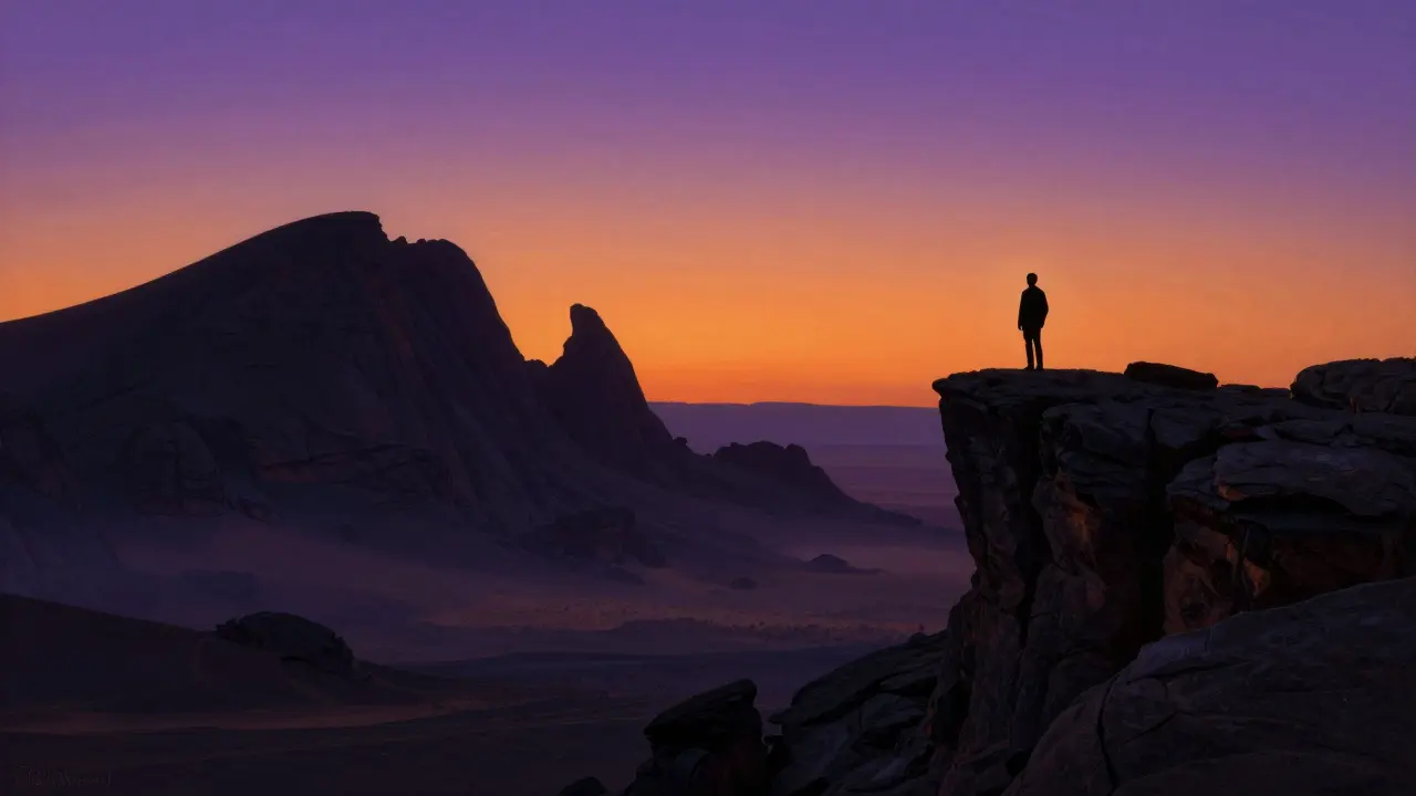 Lever de soleil coloré sur les pics volcaniques noirs du massif du Hoggar.