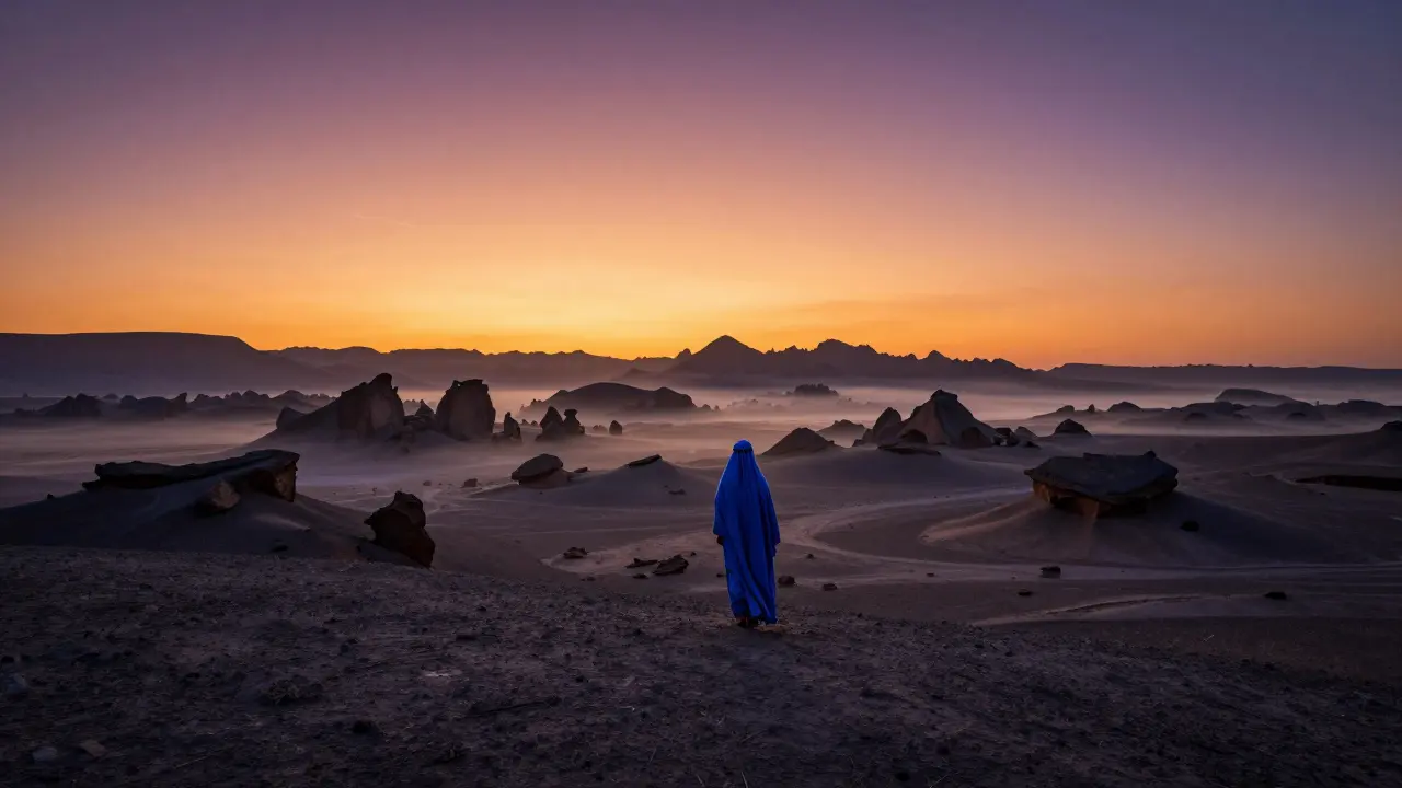 Lever du soleil spectaculaire sur le plateau d'Assekrem avec un guide touareg en habit bleu indigo.