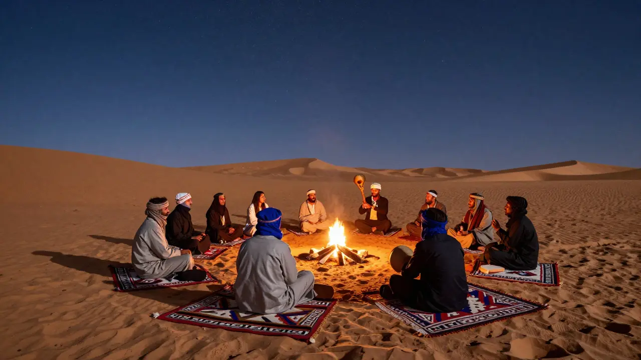 Musiciens touaregs sur des tapis berbères sous un ciel étoilé du Sahara.