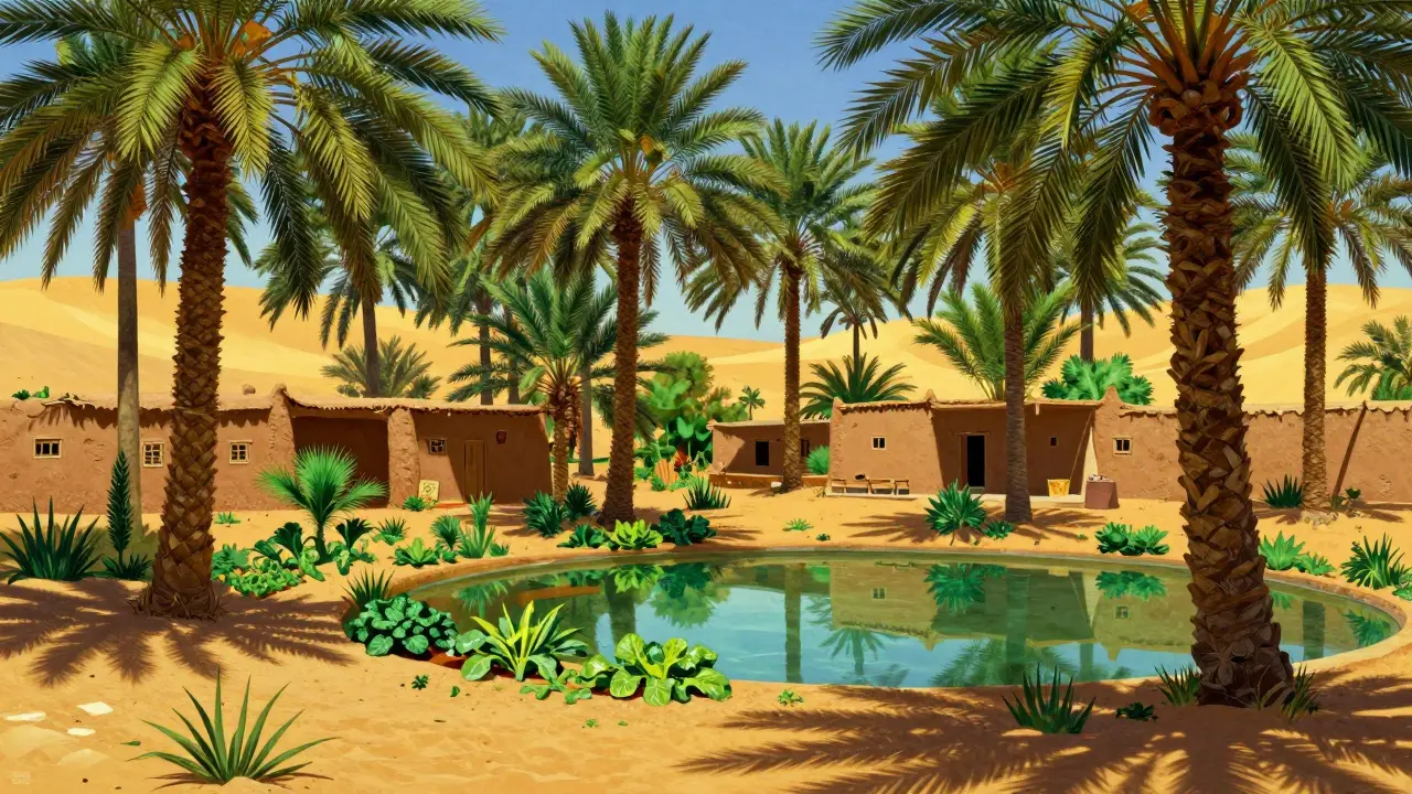 Oasis verdoyante avec palmiers-dattiers et maisons traditionnelles en terre crue.