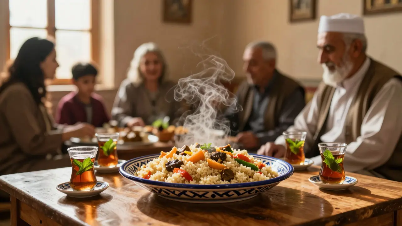 Plat de couscous et thé à menthe lors d'un repas familial traditionnel algérien.