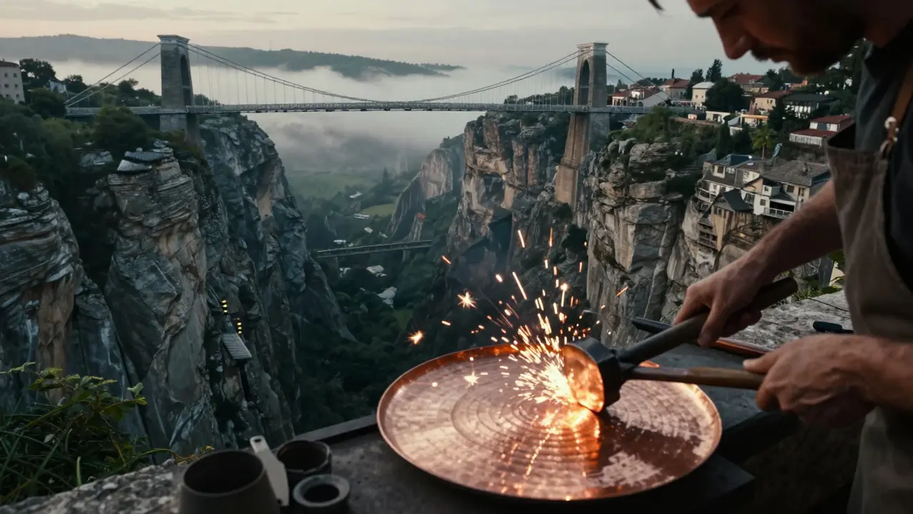 Pont suspendu de Constantine surplombant un ravin avec artisanat du cuivre.