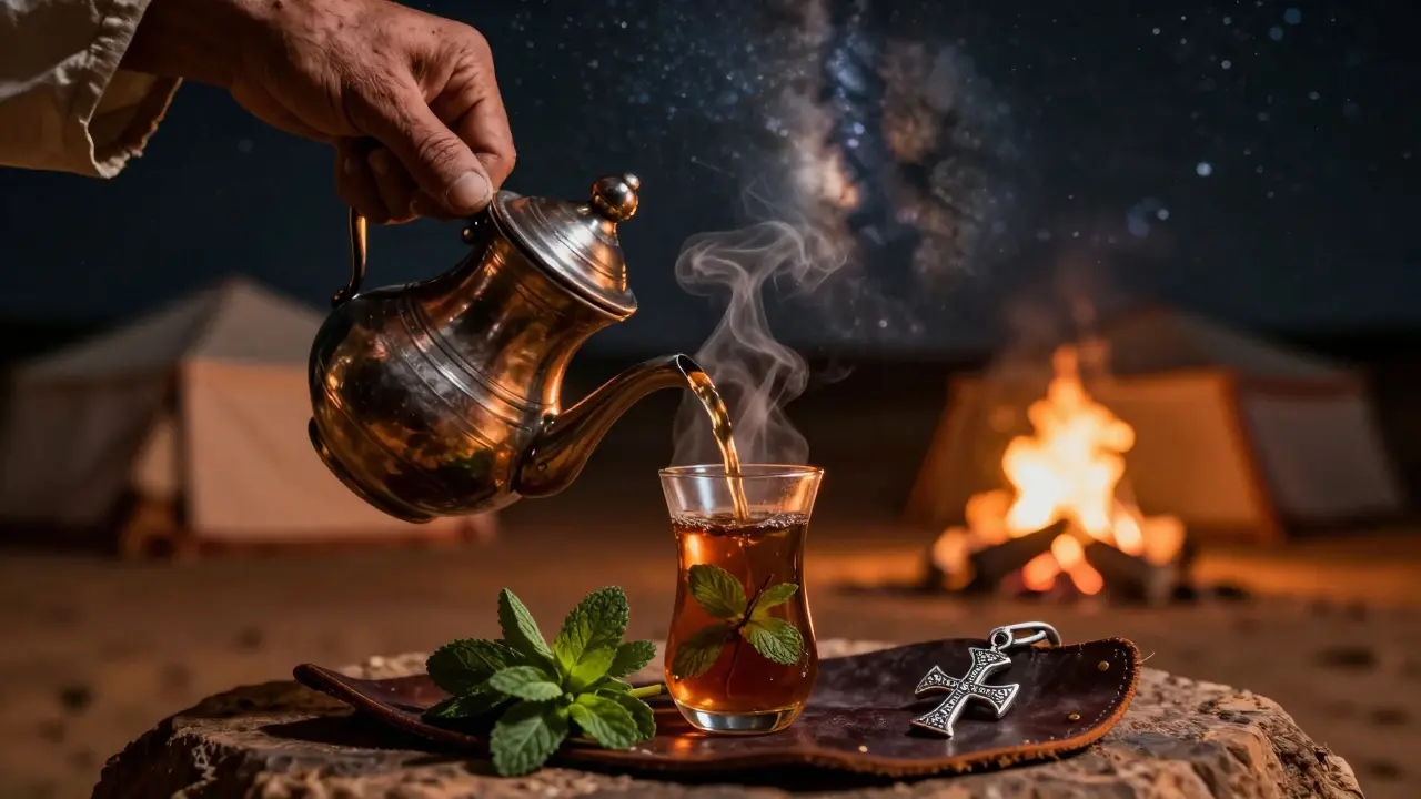 Rituel du thé saharien et bijou en argent touareg sous un ciel étoilé et la Voie Lactée.