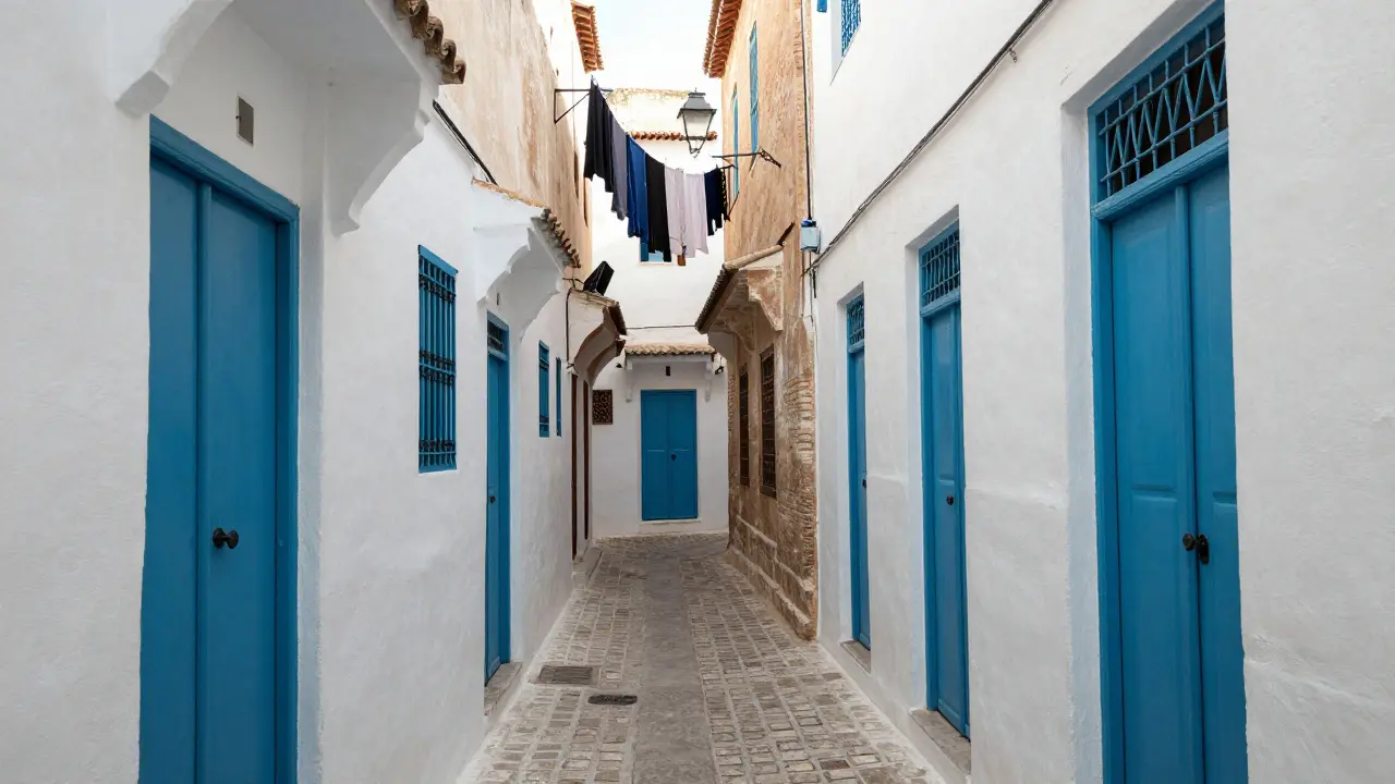 Ruelle étroite et traditionnelle de la Casbah d'Alger avec des murs blancs.