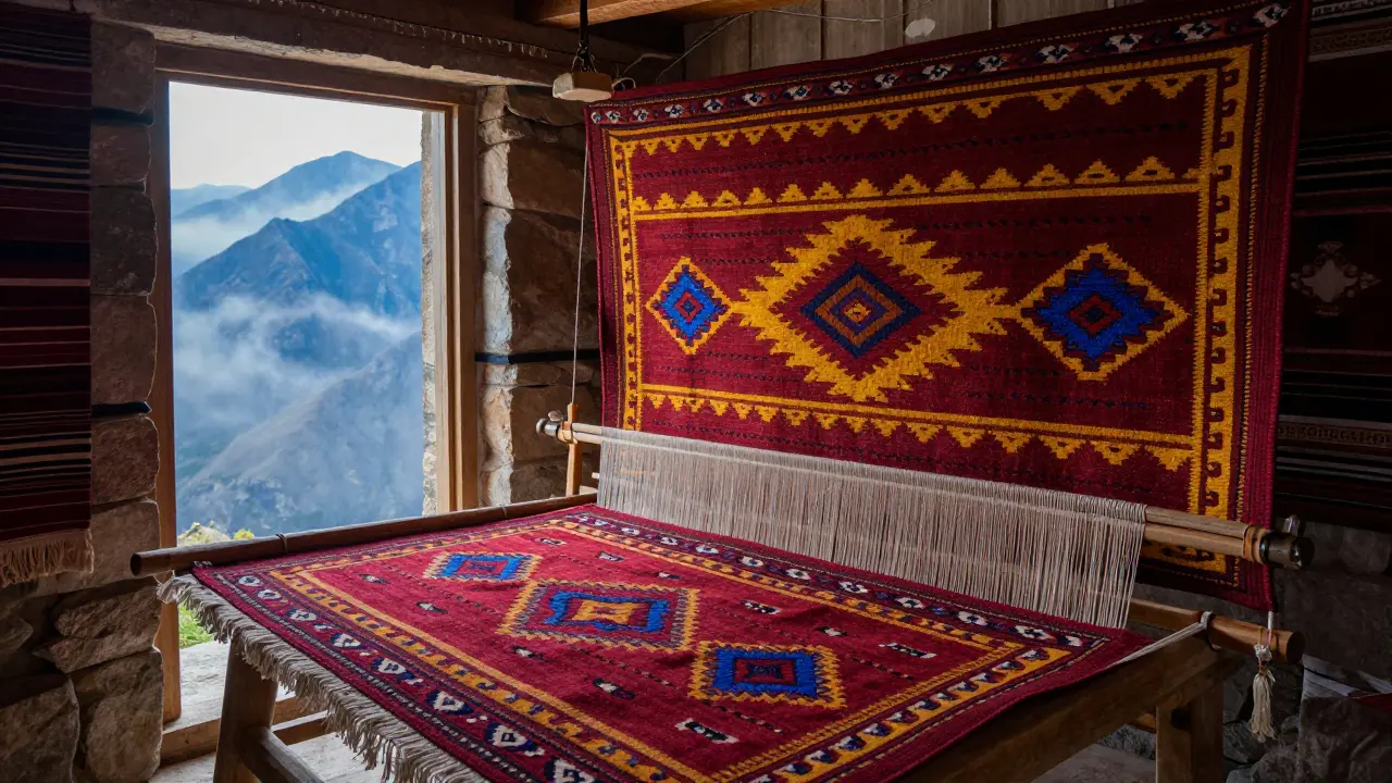 Tissage d'un tapis berbère traditionnel sur un métier à tisser en montagne.